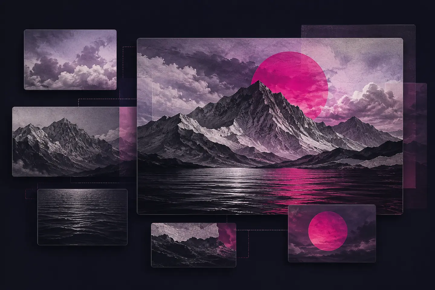 Layered illustration combining separate mountain, cloud, water and magenta sun panels into one landscape collage on a dark charcoal background.