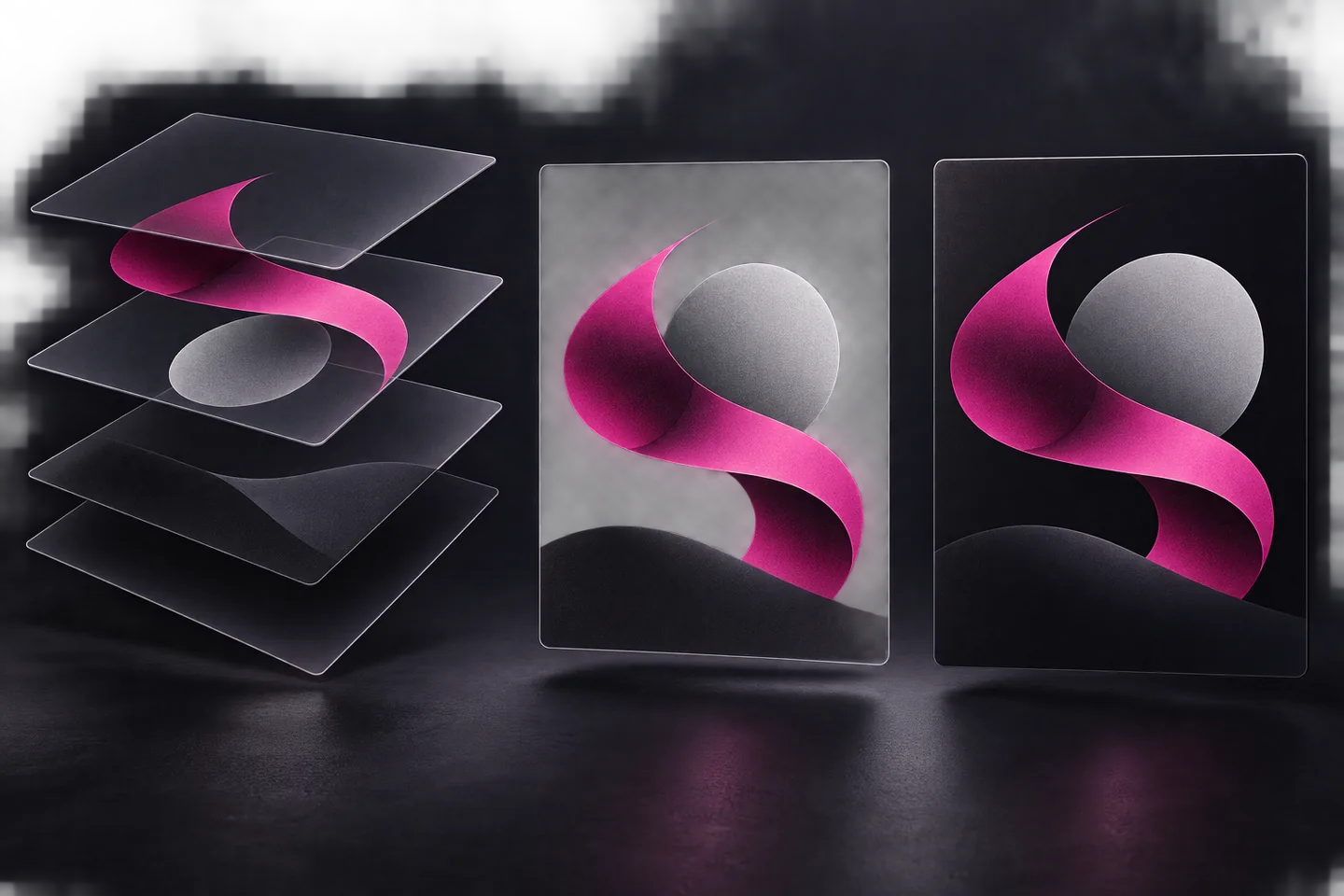 Magenta ribbon and silver sphere shown as separated image layers, a composite over a transparency checkerboard, and a flattened image on a dark background.