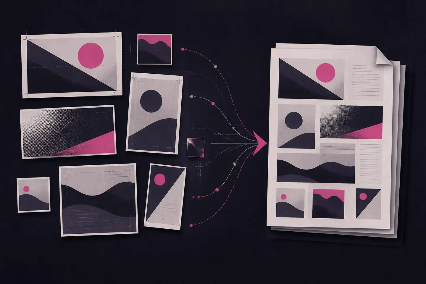 Abstract charcoal and magenta editorial collage showing ordered image sheets flowing into one unified multi-page document.