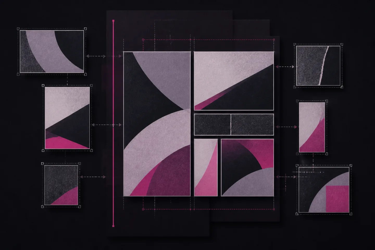 Abstract dark editorial collage of separate magenta, gray, and black image panels aligning into one balanced grid.