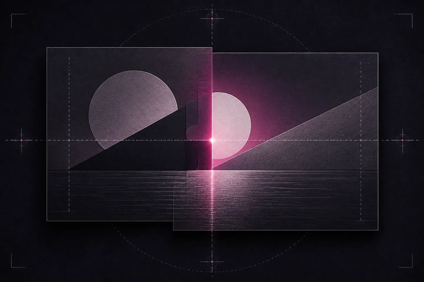 Two dark rectangular image planes align at a luminous magenta seam, with crop guides and layered geometric forms.