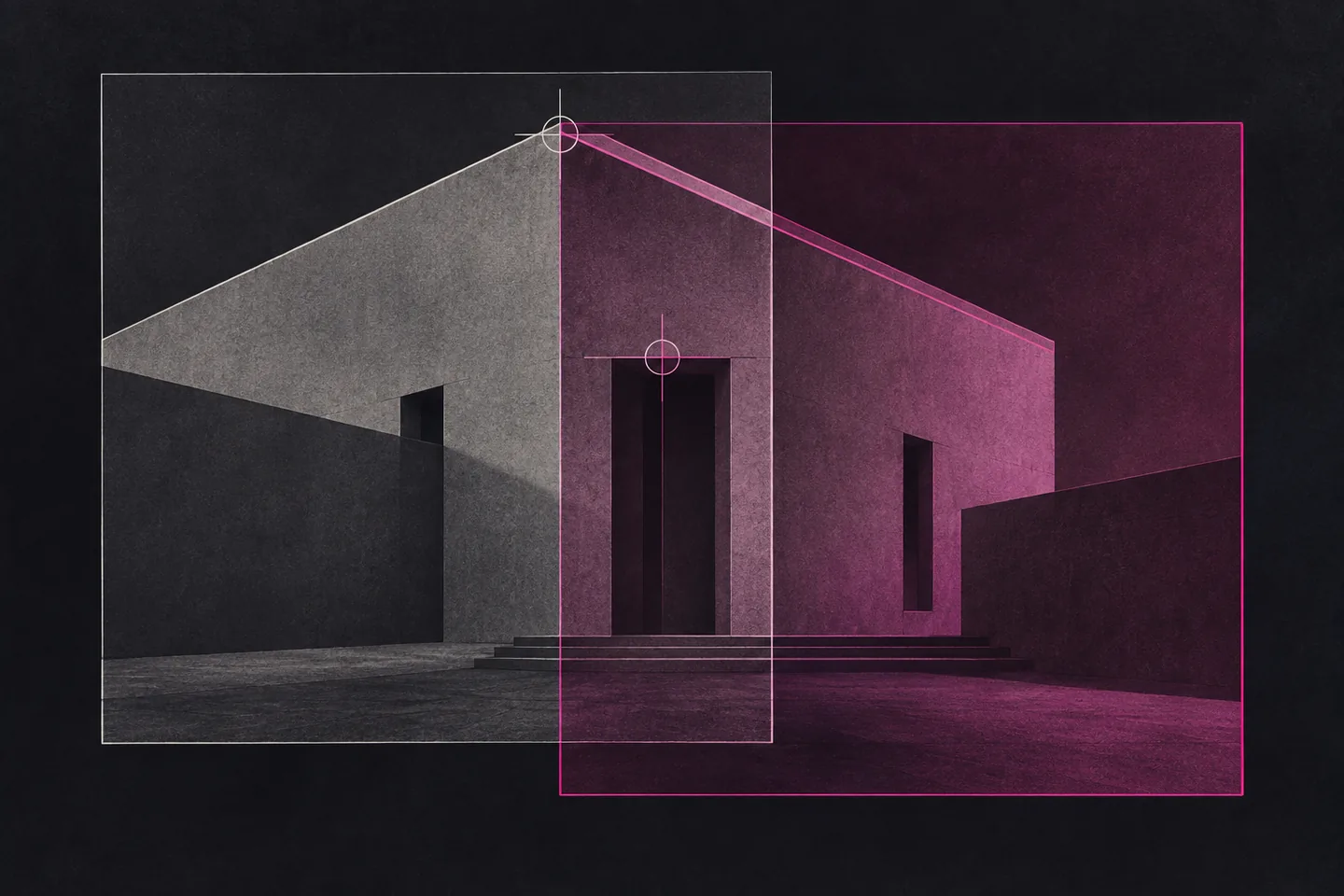 Magenta and pale gray architectural overlays on charcoal, with registration crosshairs marking a doorway and roof corner for image alignment.