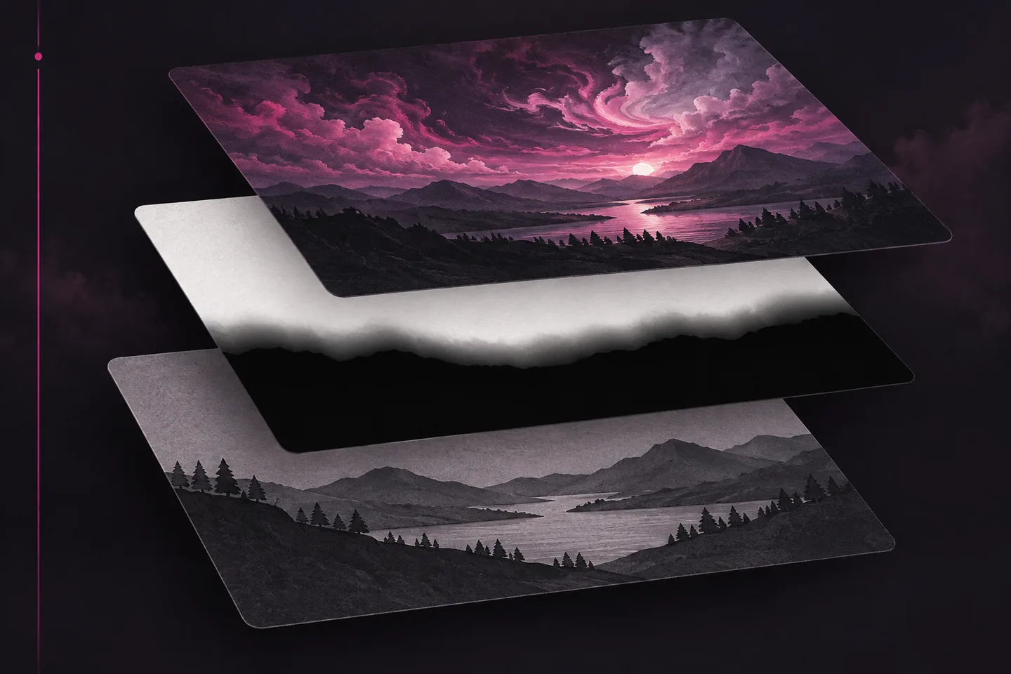 Three floating illustration layers show a magenta sky composite, a black-and-white mask with a gray horizon, and the underlying mountain landscape.